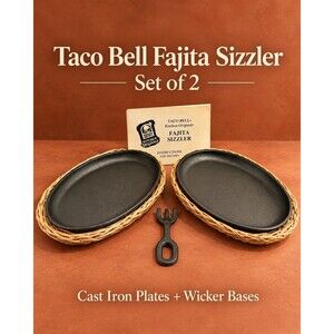 Taco Bell Kitchen Originals Fajita Sizzler Set-2 Cast Iron Plates Wicker Bases
